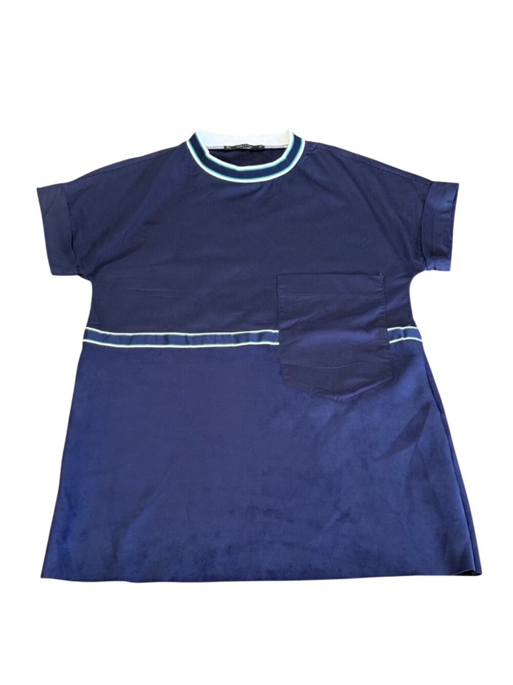 Zara Basic T-Shirt Tunic Dress Navy Striped Accents Pockets Size M